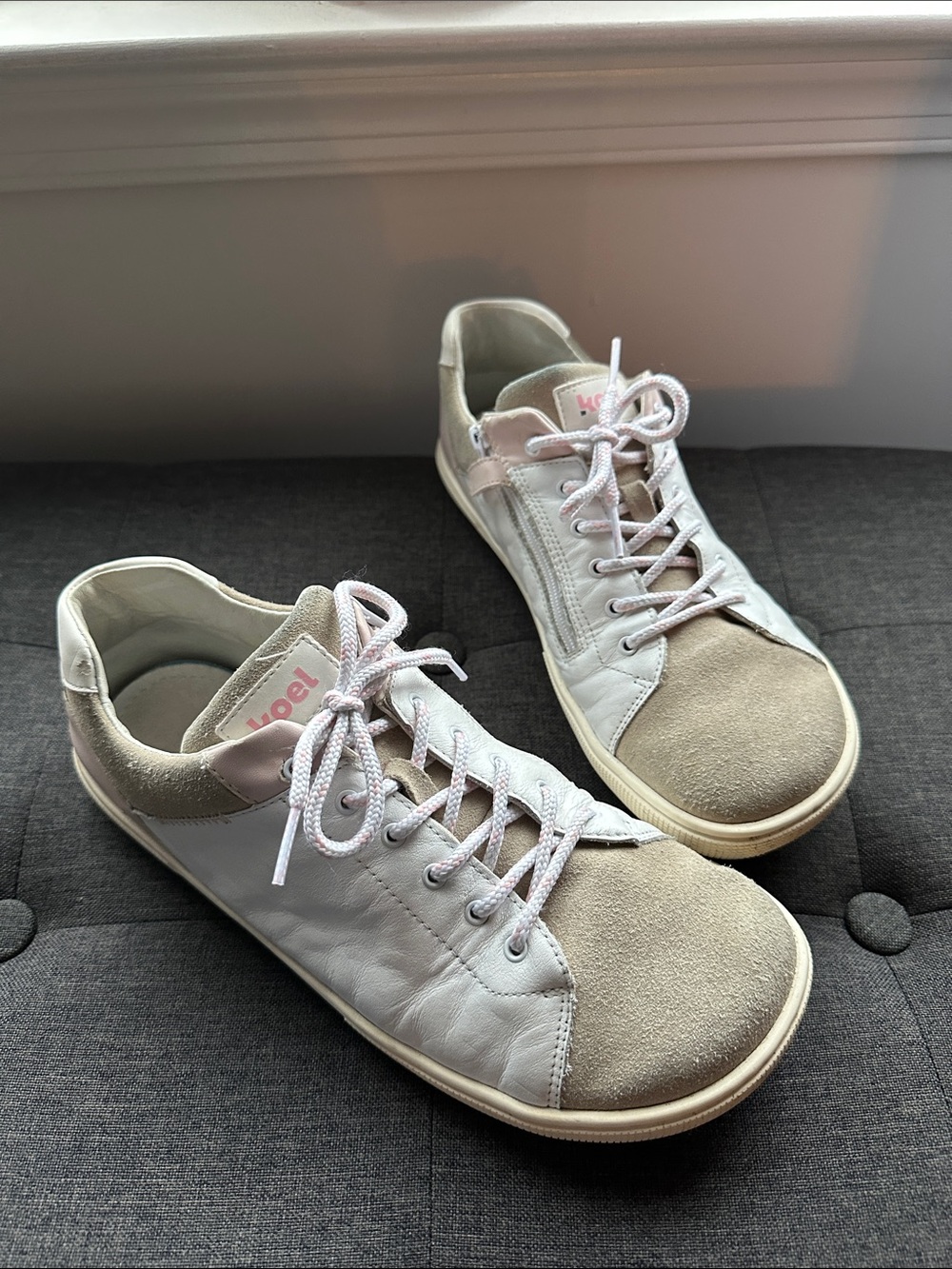 Koel Leather Barefoot Shoe EU 41 (US W 9.5 - 10) Side Zip White/Tan/Pink